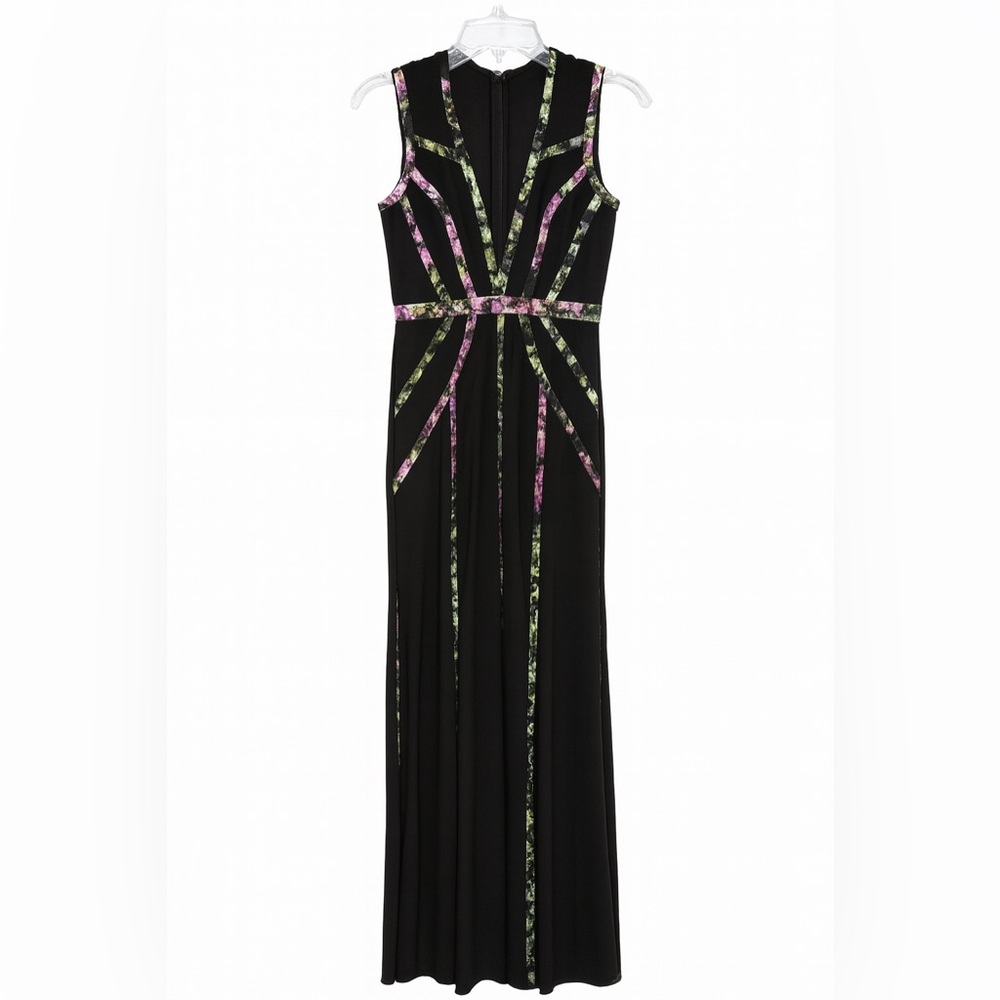 BCBGMAXAZRIA Black Sleeveless Gown with Abstract Metallic Print – Size 0